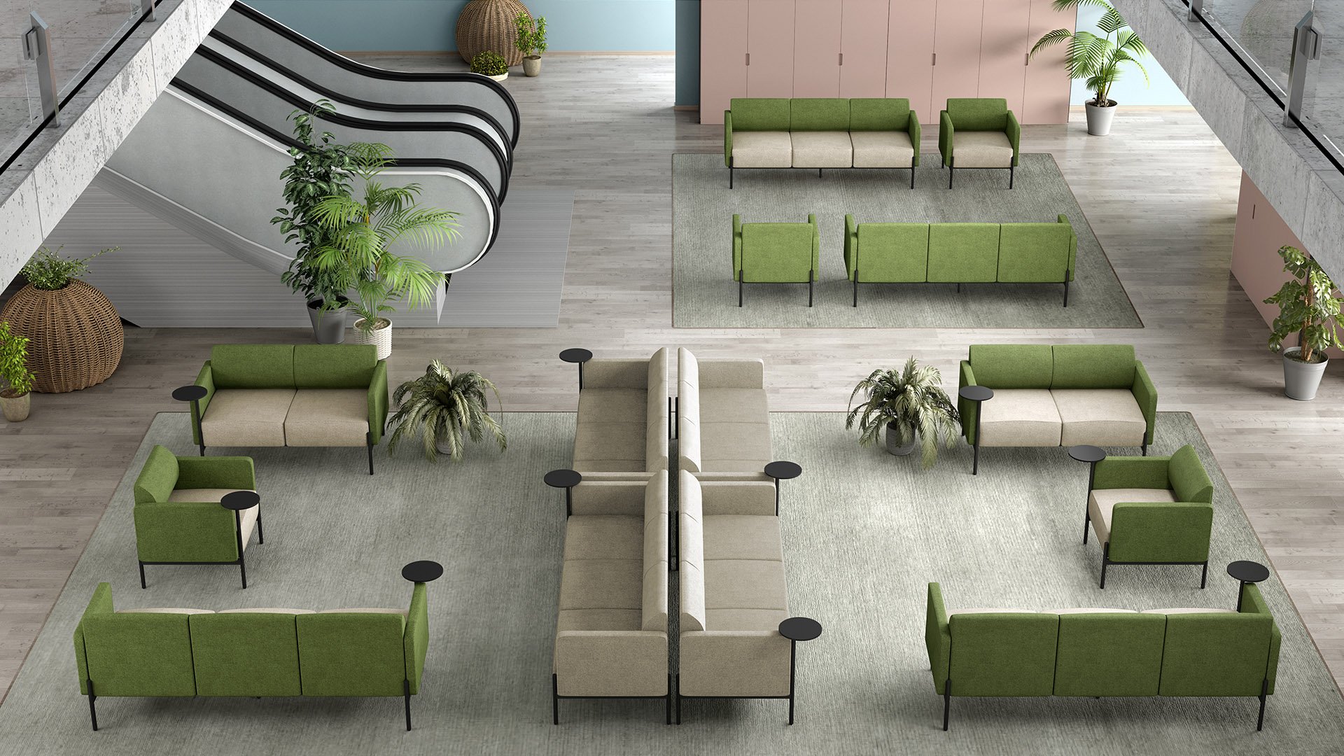 Pouf modulare destinato a hall open-space dallo stile moderno e minimal